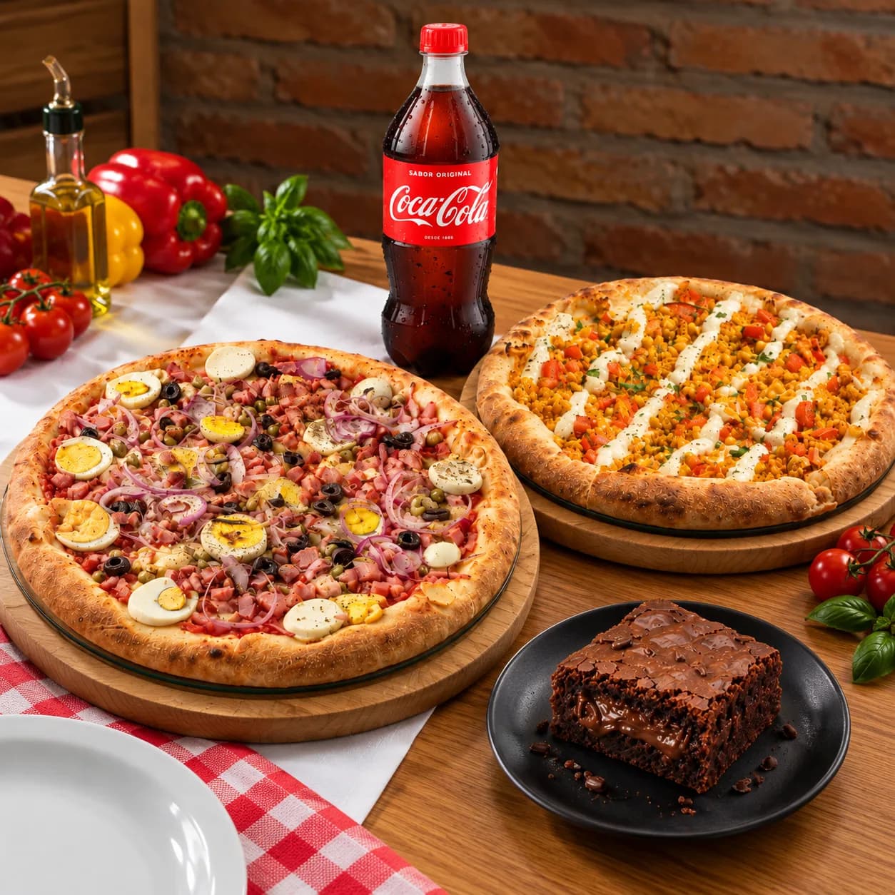 Fartura: Pizza G Frango c/ Catupiry + G Portuguesa + Coca Cola 1,5L + Brownie de brigadeiro