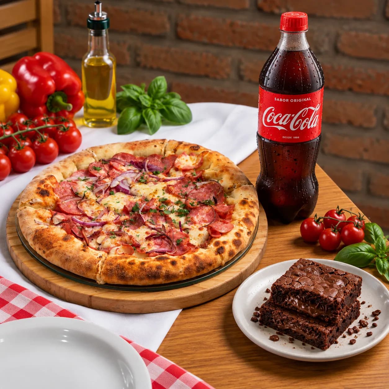 Trinca da Fome: Pizza M Calabresa Especial + Brownie de brigadeiro + Coca Cola 600ml