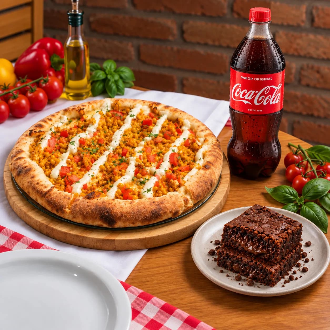 Trio Arretado: Pizza M Frango com Catupiry + Brownie de brigadeiro + Coca Cola 600ml
